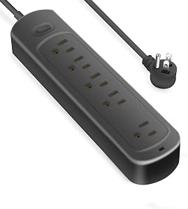 Surge Protector Power Strip (2000J), 5 Outlets for Multiple Devices, 4 Feet Flat Plug Heavy Duty Extension Cord, 10W Power Delivery Charging for Home, Office, Dorm Essentials (Black)