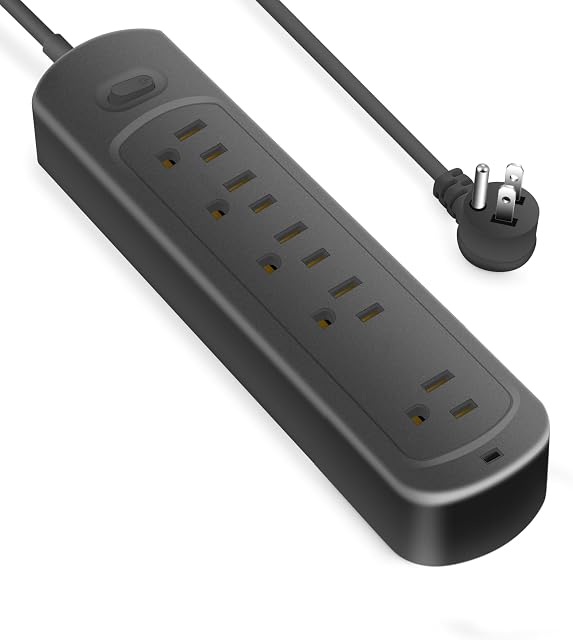 Surge Protector Power Strip (2000J), 5 Outlets for Multiple Devices, 4 Feet Flat Plug Heavy Duty Extension Cord, 10W Power Delivery Charging for Home, Office, Dorm Essentials (Black)