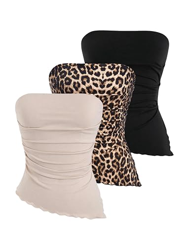 WDIRARA Women's 3 Pack Leopard Print Ruched Strapless Tube Top Asymmetrical Lettuce Trim Bandeau Tops