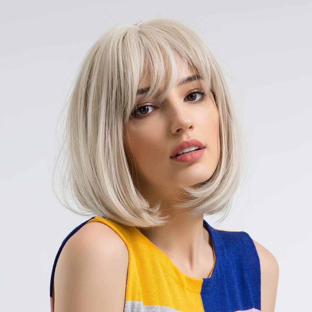 HAIRCUBE Charming Creamy White Short Bob Wigs with Bangs Synthetic Heat Resistant 12 Inch Wigs for Women