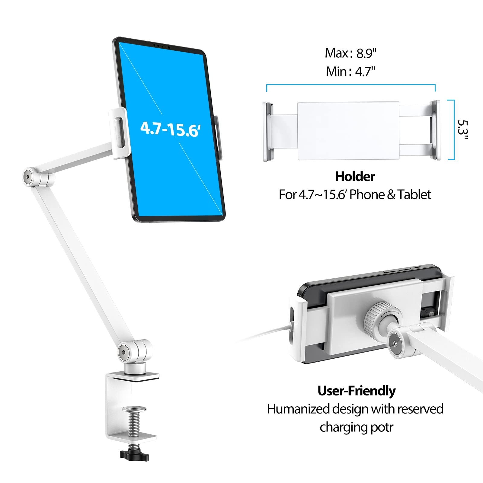 BEWISER Support de tablette de bureau pour iPad, bras de moniteur portable, support de serrage en alliage d'aluminium compatible avec écran de téléphone de 4,7 à 15,6", Kindle, Fire HD, Switch (blanc)