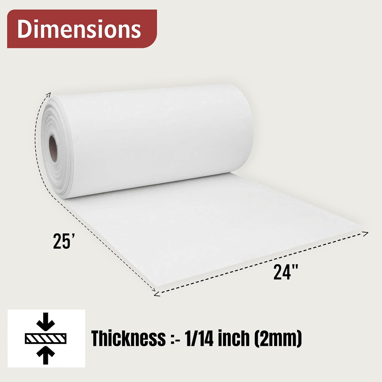 Ceramic Fiber Paper - 1/14" (2 mm) Thick x 24" x 25' - 2300F Rated - High Temperature Insulation Gasket Paper for Kiln, Furnace, Stove, Glass Fusing - Non Asbestos