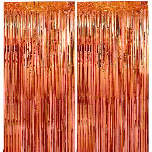 2 Pack orange Tinsel Curtain Party Backdrop Decorations, Metallic Foil Fringe Backdrop Door for Halloween, Christmas, Birthday Graduation Wedding Party Streamers Photo Backdrop.