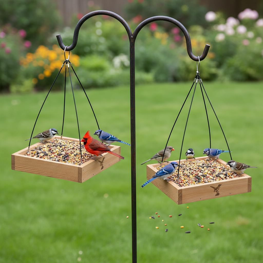 Cedar Wood Platform Tray Bird Feeder 12” - Hanging Bird Feeder for Outside Outdoor - Stainless Steel Cable Mesh Base - Weather Proof Birdfeeder for 10 Years - Longtime Outdoor Lasting Heavy Duty