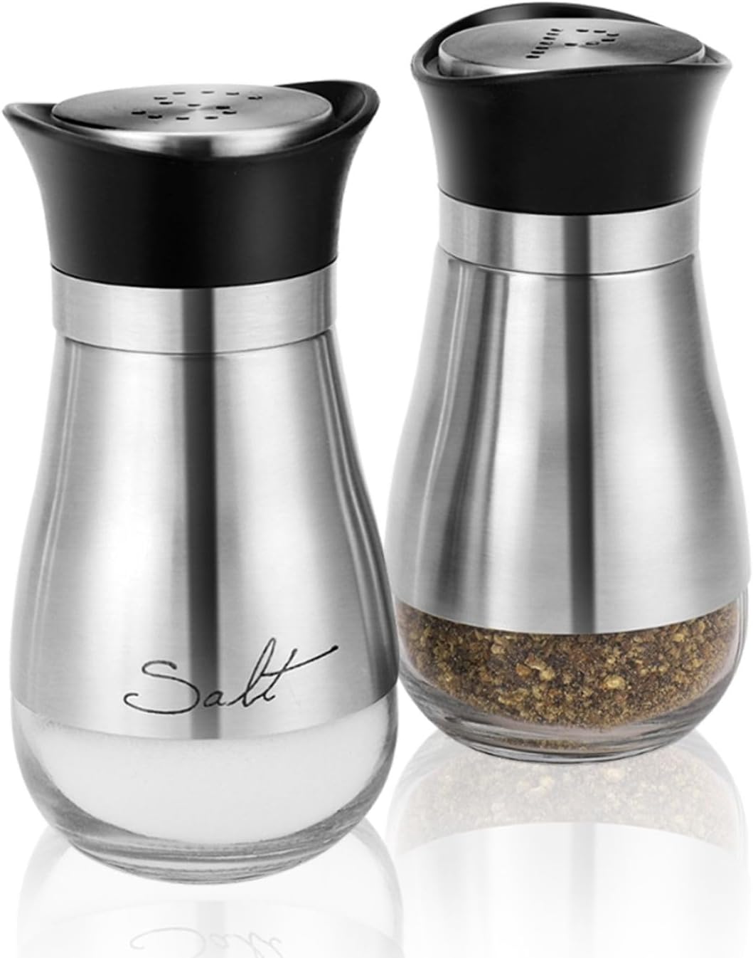 Flexzion Modern Salt and Pepper Shakers Set, Glass Canister Dispenser with Stainless Steel Sleeve and Black Lid for Spices, Sea/Kosher/Himalayan Salts and Pepper – Silver (Set of 2) Flexzion Modern Salt and Pepper Shakers Set, Glass Canister Dispenser with Stainless Steel Sleeve and Black Lid for Spices, Sea/Kosher/Himalayan Salts and Pepper – Silver (Set of 2)