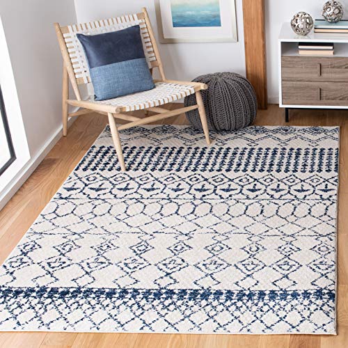 SAFAVIEH Tulum Collection Teppich – 90 x 150 cm, elfenbeinfarben und marineblau, marokkanisches Boho-Design, fusselfrei und pflegeleicht, ideal für stark frequentierte Bereiche im Eingangsbereich,