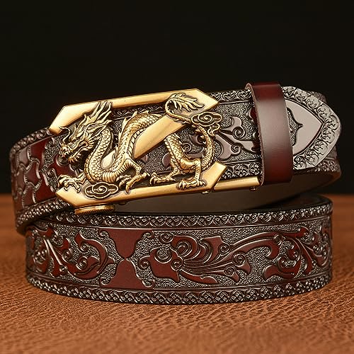 Vintage Men's Genuine Leather Ratchet Belt with Dragon Slide Buckle,Western Cowboy Leather Engraved Belt2