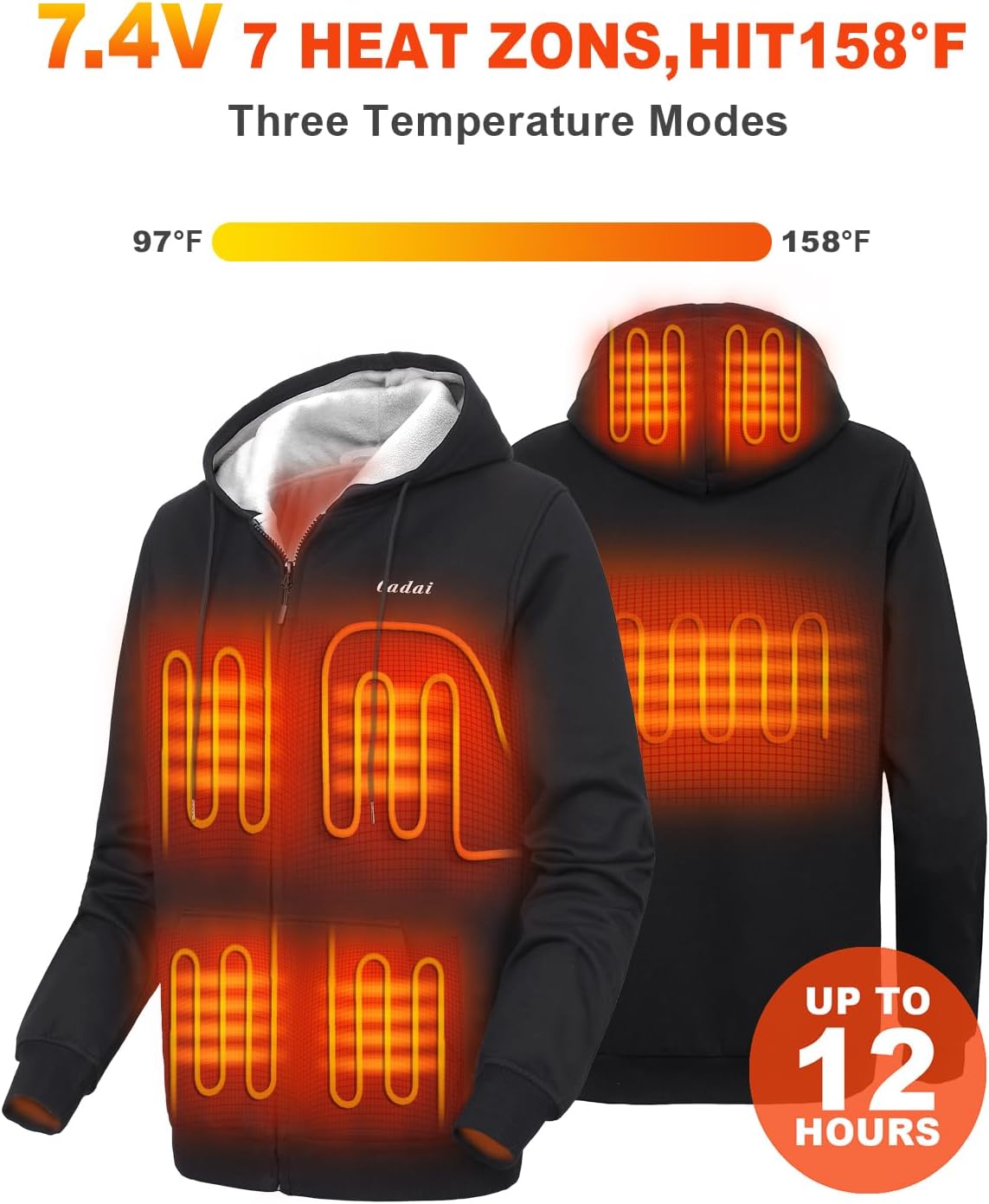Heated Hoodie for Men and Women with 7.4V Battery Pack, Heavyweight Full-Zip Fleece Hooded Heated Sweatshirt (Unisex) - Image 2