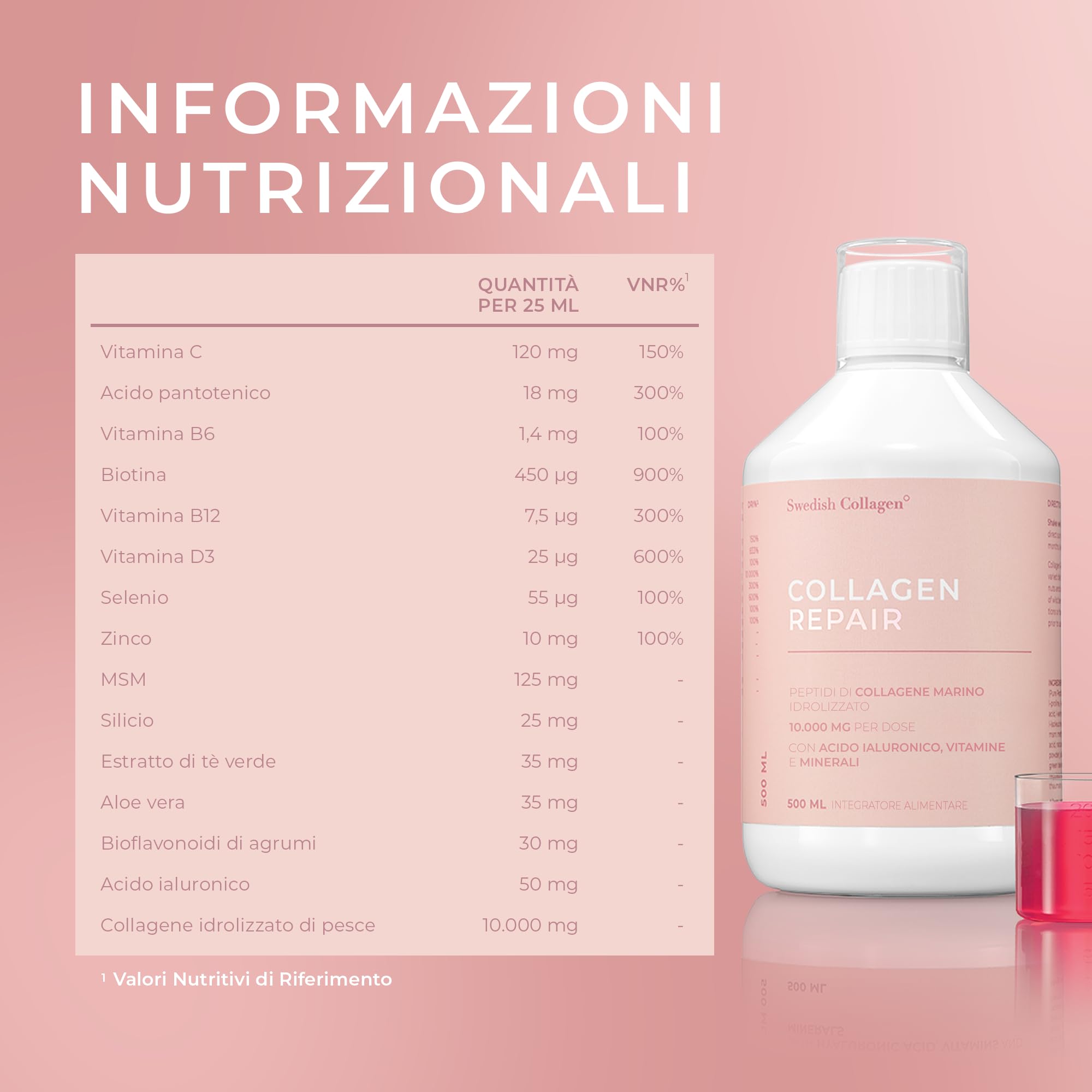 Swedish Collagen Reapir Integratore liquido collagene marino 10.000 mg - 500 ml, 20 giorni | Peptidi puri e vitamine per capelli, pelle, unghie, articolazioni | Senza zucchero | Clinicamente testato