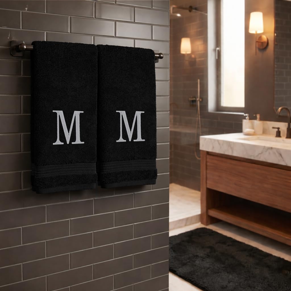 Turkish Hand Towels, Set of 2, Monogrammed, 100% Cotton, 27x16 inches, Black - Silver Thread
