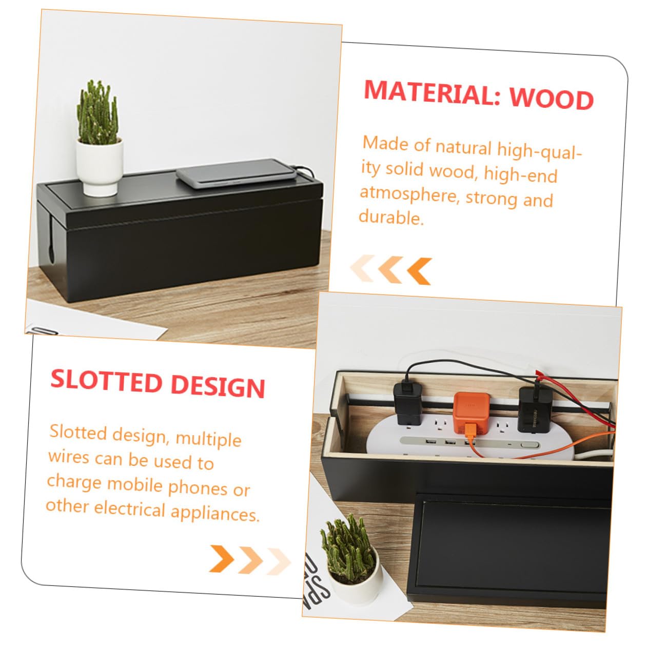 Negra Caja Organizadora de Cables Tapa Abierta de Madera Grande
