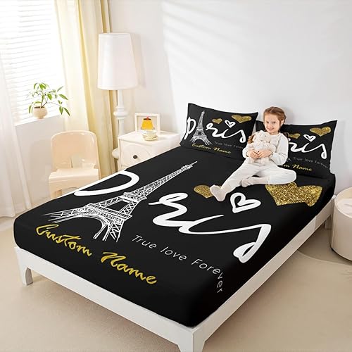 Miniatura 4 de Erosebridal Juego de sábanas personalizadas de París King Torre Eiffel, juego de sábanas románticas de corazón dorado, juego de sábanas de corazón