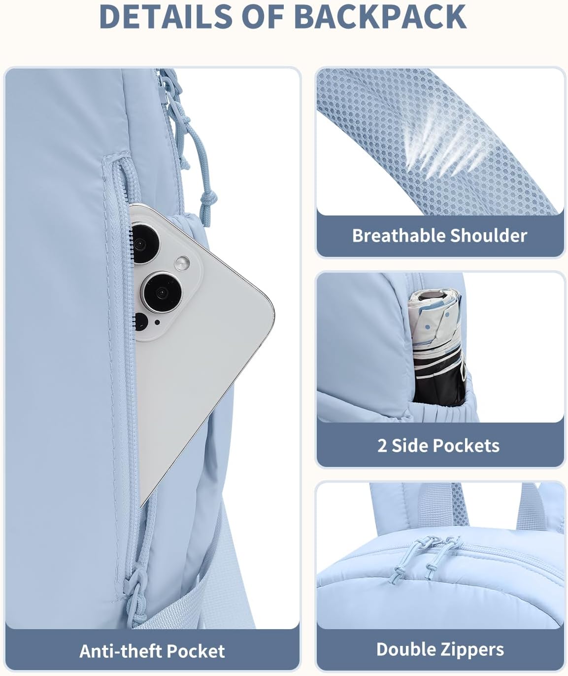 Ceneda Gym Backpack for Women, Lightweight Puffer Backpack with Shoe Compartment, Wet Pocket & Tumbler Strap, Cute Daypack for Fitness, Daily Use & Travel (Light Blue) - Image 5