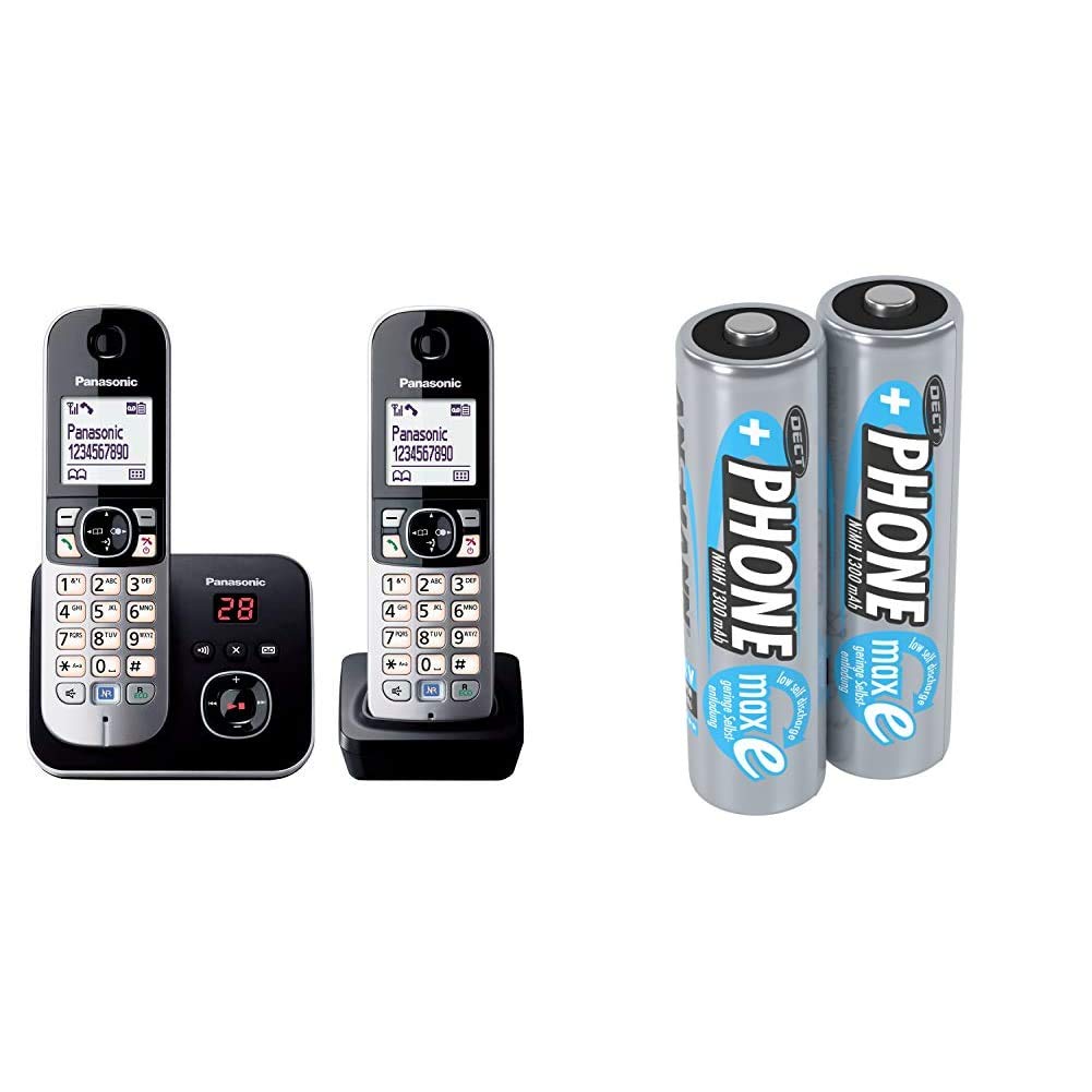 Panasonic KX-TG6822GB DECT Schnurlostelefon mit Anrufbeantworter schwarz & ANSMANN Akku AA Mignon 1300 mAh 1,2V NiMH für Schnurlostelefon 2 Stück - Wiederaufladbare Batterien