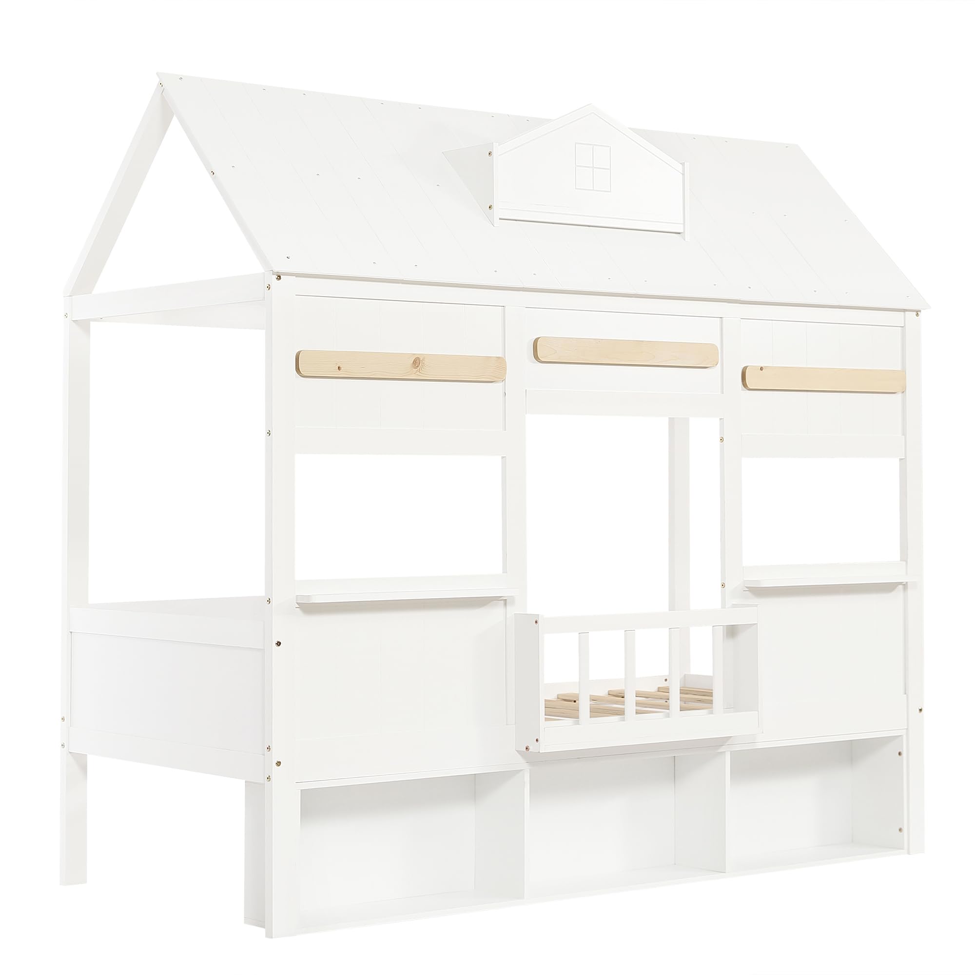 Letto Casetta per Bambini 90x200cm con Libreria e Finestre, Strutture letto in Legno di Pino, Rete a doghe(Nessun materasso
