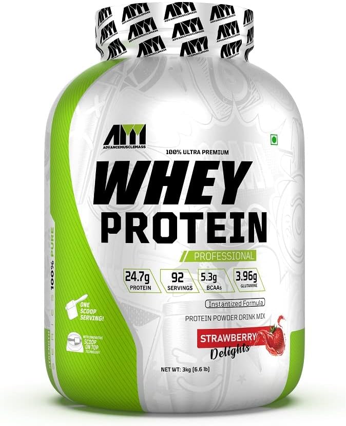 Advance MuscleMass Whey Protein Isolate + Whey Protein Concentrate Blend With Innovative Scoop On Top| 24.7 g protein (Strawberry Flavour | 3 Kg (6.6 lb), 92 Servings