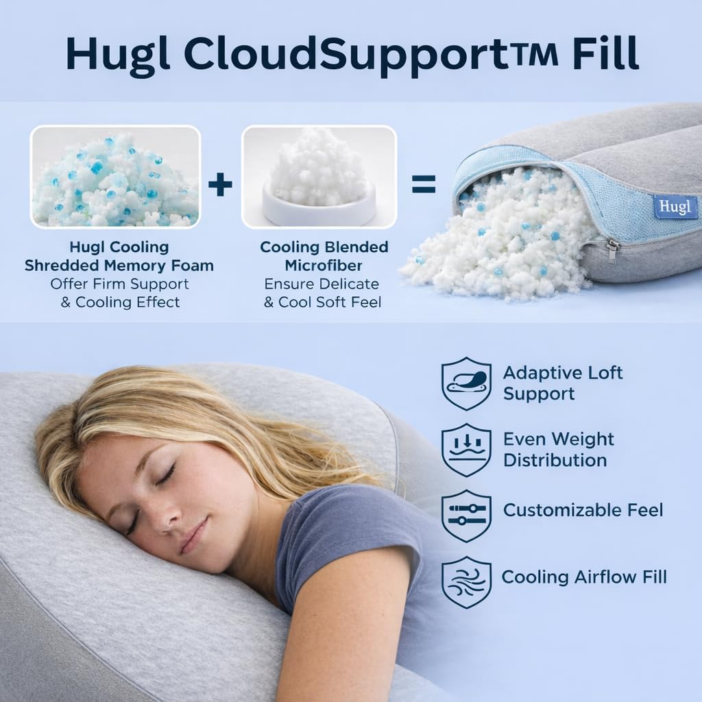 Plufl Hugl Cooling Body Pillow for Adults Made with CloudSupport Fill | U Shaped Maternity Pillows Great for Side Sleepers & Pregnant Women | Washable Cover | Grey