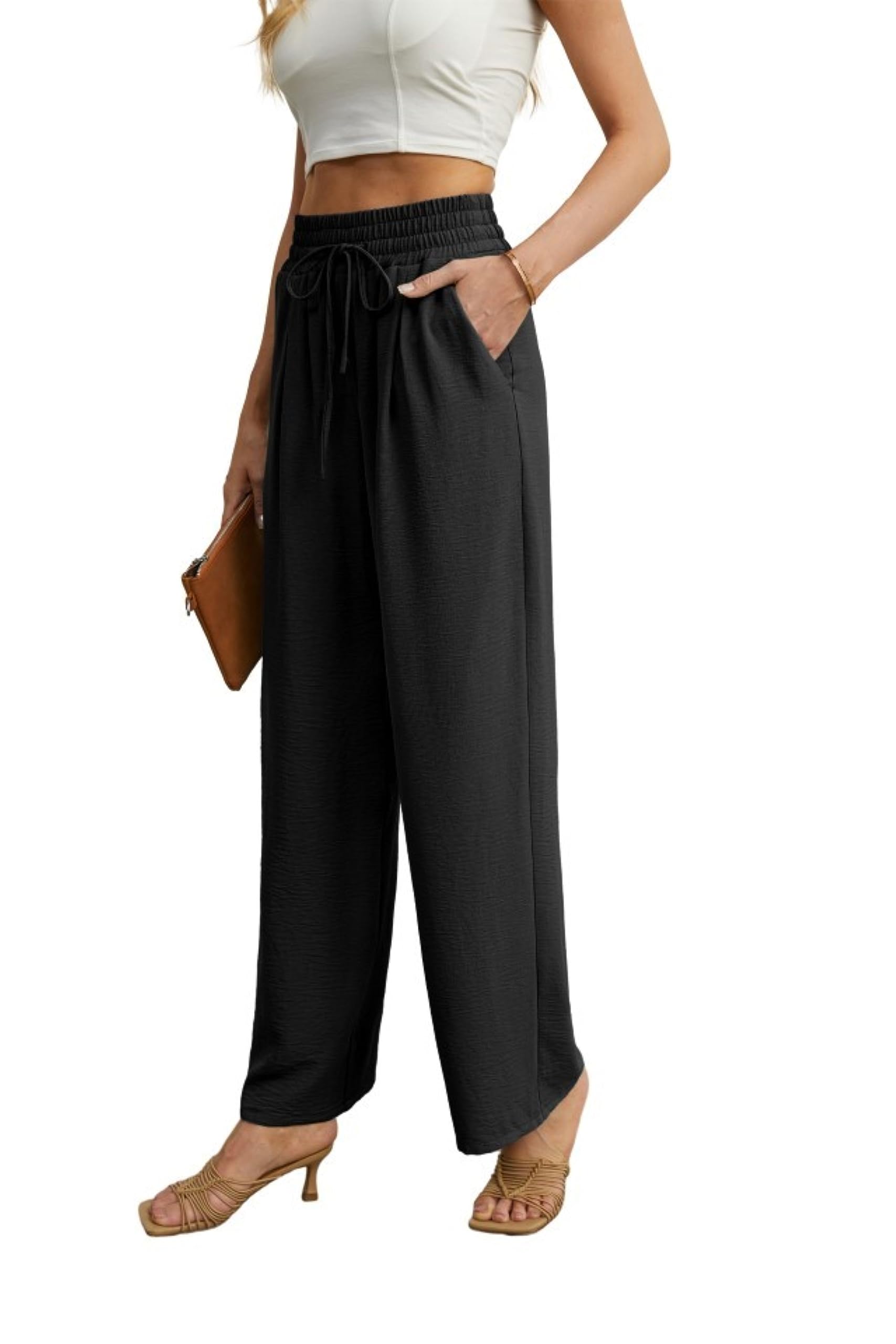 QIXING Weite Hosen Damen High Waist Palazzo Hose Gerade mit Taschen Yoga Stoffhose Damen Elegant Sommer Damenhose mit Gummizug