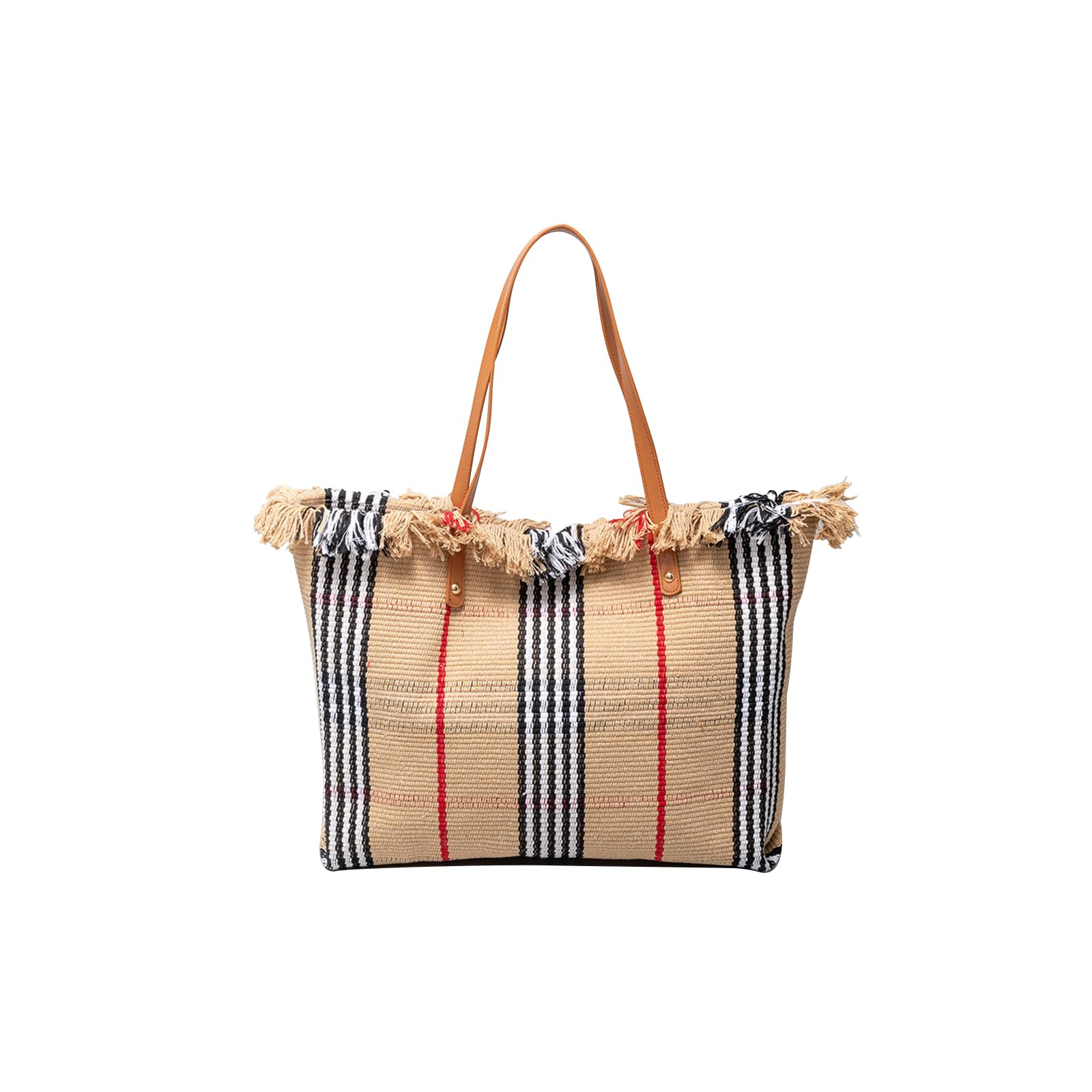 CORIOS Sac à Main Femmes Grande Capacité Sac de Plage Sacs Portés Épaule en Toile Occasionnel Sac Fourre Bohème Sacs Cabas Leicht Sac D'épaule avec Glands pour Plage Vacances Rayures Kaki et Noires