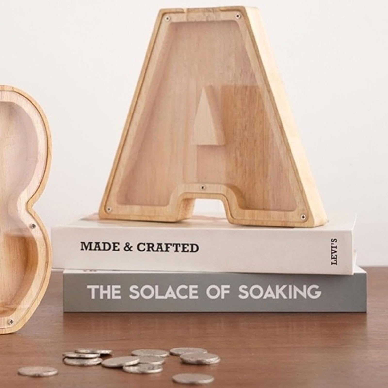 Tirelire Tirelire Alphabet en Bois, Tirelire Transparente en Acrylique, Design créatif et écologique en Bois, Cadeau d'anniversaire pour Enfants Tirelire Billet
