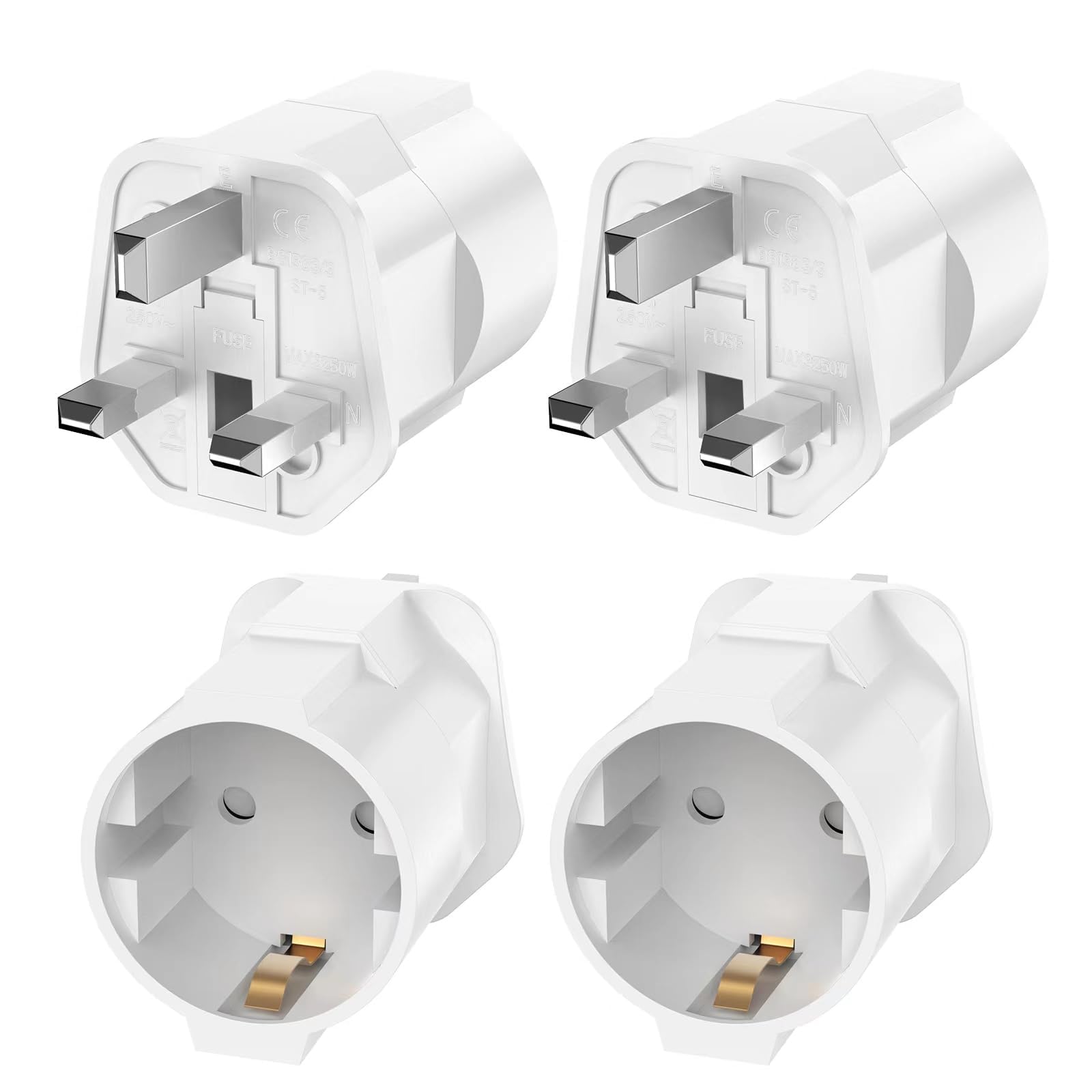 4 Pcs European to UK Plug Adapters, EU to UK Travel Plug Converter, 2 Pin to 3 Pin UK Plug Adaptor, White Travel Plug Adapter from France, Italy, Spain, Germany to UK
