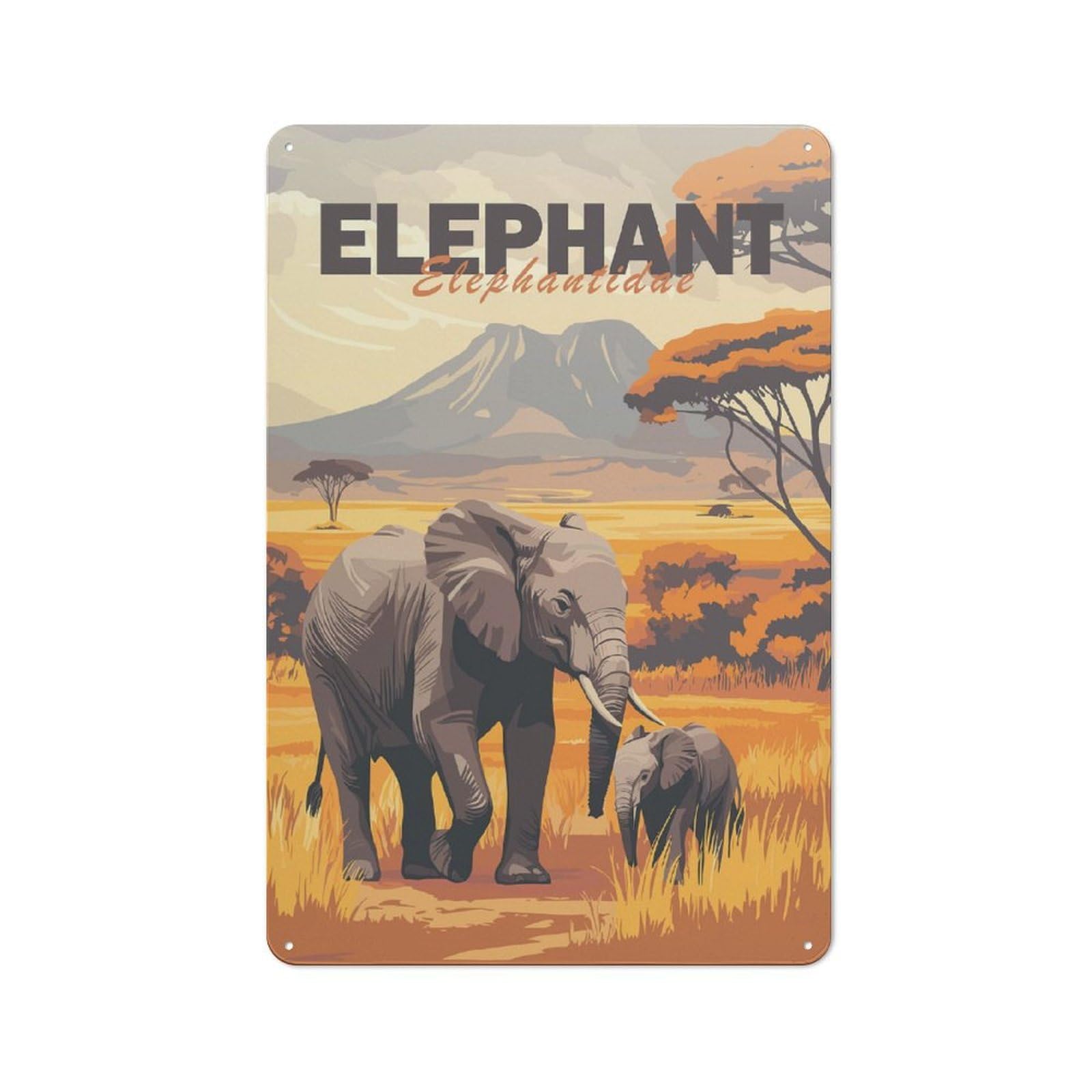 Junmoney Elephant Family In Savanna Tin Sign 30X20cm For Workshop Wall, Retro Wall Decor, Suited To Metal Sign Collectors