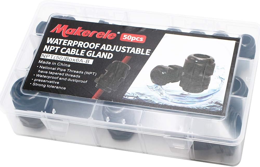 MAKERELE Cord Grip Cable Glands Kit for Electrical Box NPT Waterproof Nylon Strain Relief 1/4” 3/8” 1/2” 3/4” 1” 1-1/4” 50pcs Junction case Connector Black With Gaskets