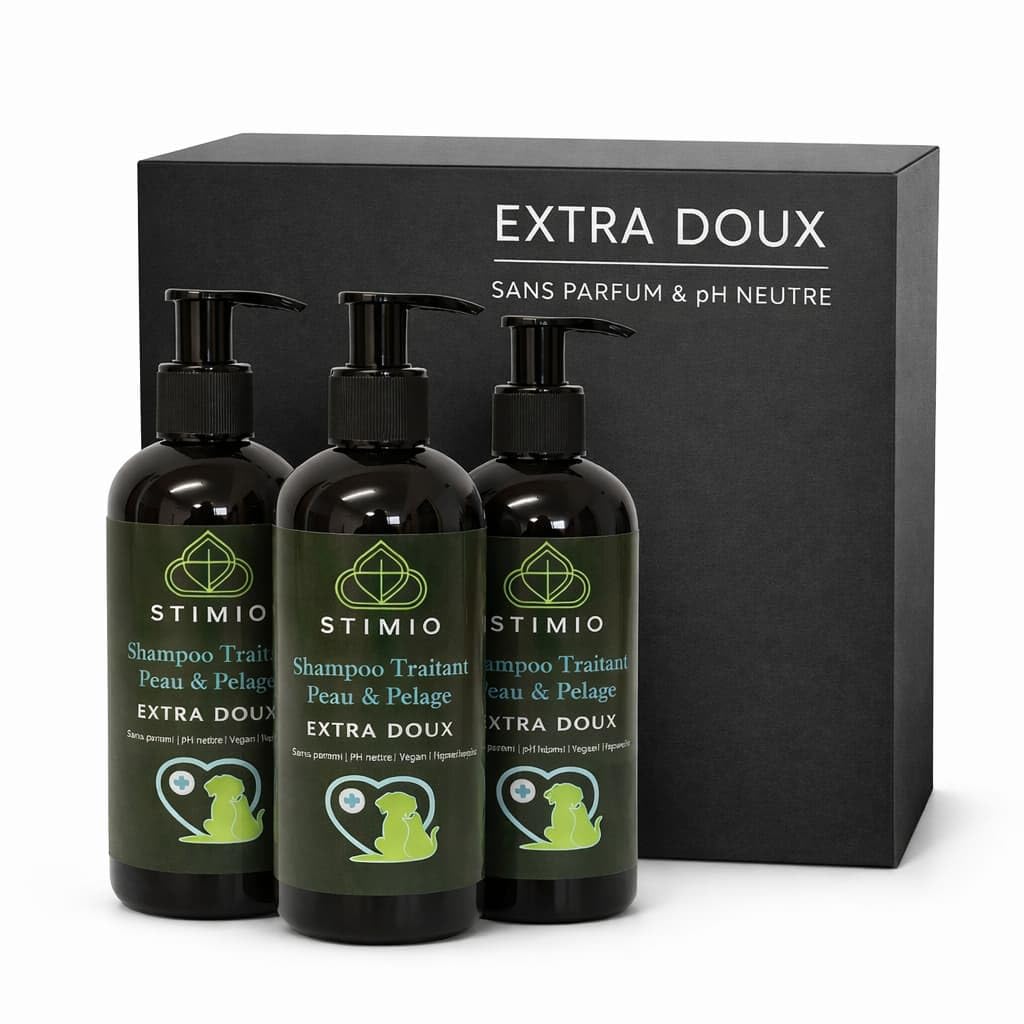Pack économique 3×250 ml – Shampooing chien EXTRA SENSIBLE – pH doux, formule vegan, sans parfum, nettoyage doux avec extraits végétaux (tilleul, bouleau, alchémille) – pour chiens sensibles & chiots