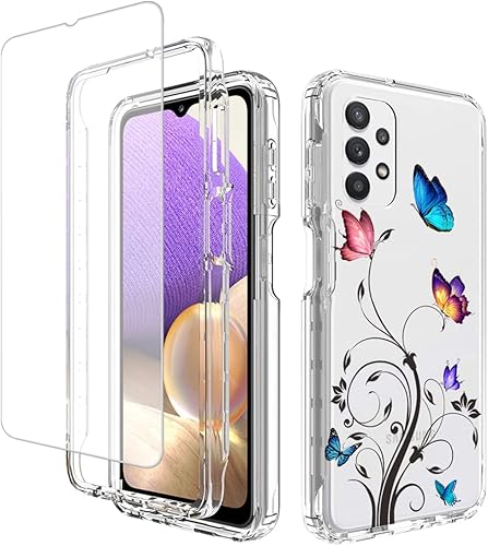 Funda para Galaxy A32 5GM32 5G SM-A326 con protector de pantalla de vidrio templado, bonito patrón de mariposa transparente de cuerpo completo,