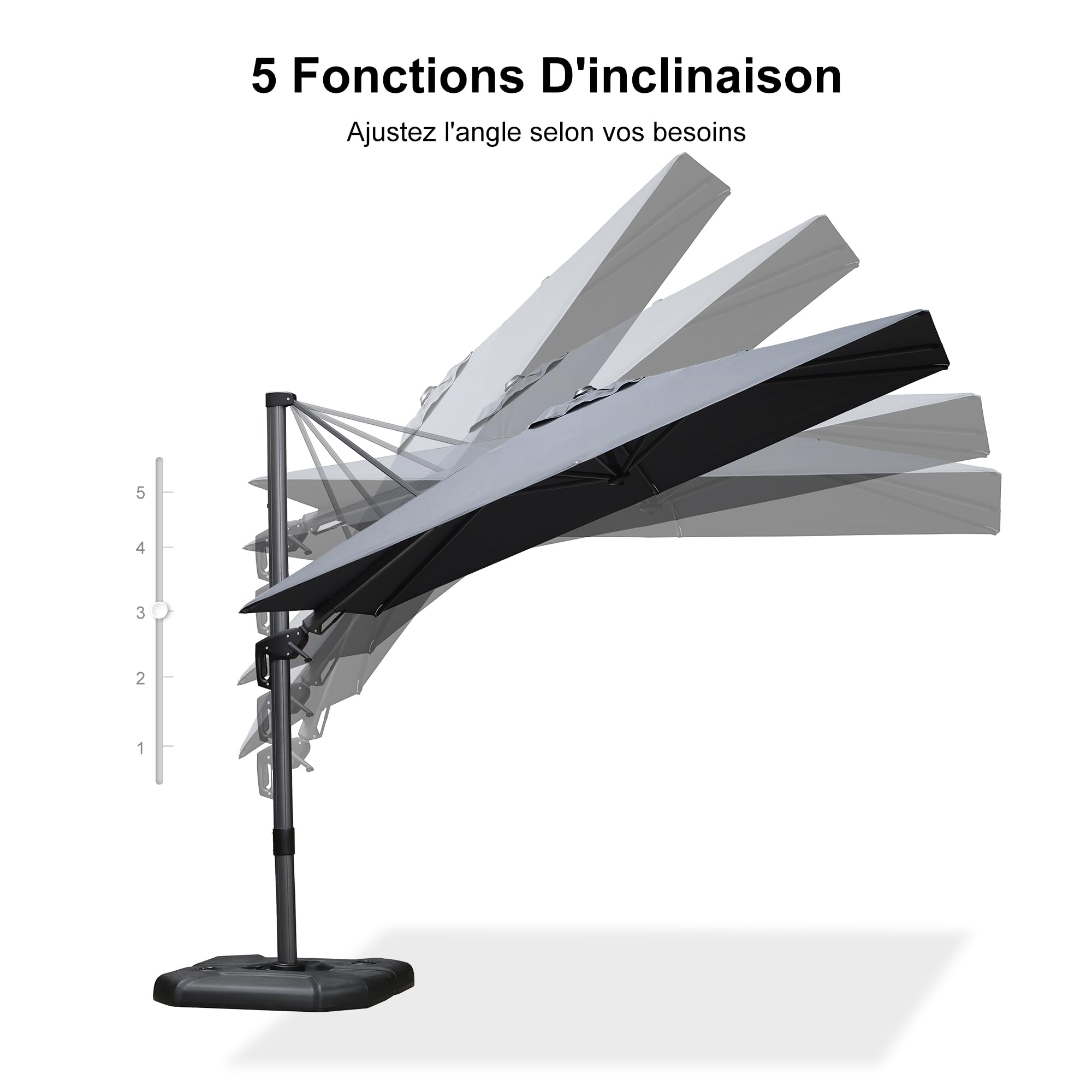 PURPLE LEAF Parasol Déporté 3 x 2 m Gris Inclinable avec Pied de Croix | Inclinaison bidirectionnelle, Surface d'ombre agrandie, Rotation à 360°, 5 niveaux d’inclinaison, Parasol de jardin extérieur