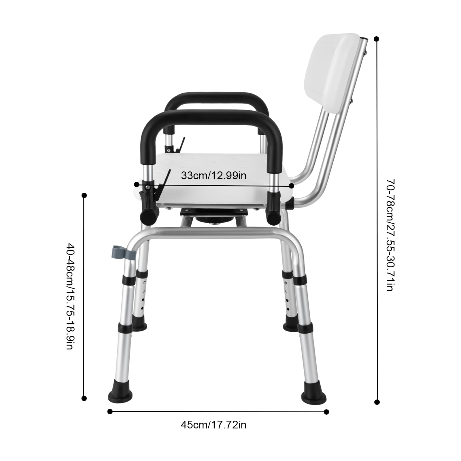 Silla de ducha de 360° con respaldo y reposabrazos, altura regulable, taburete de ducha hasta 180 kg, antideslizante, silla de ducha para discapacitados, personas mayores y embarazadas