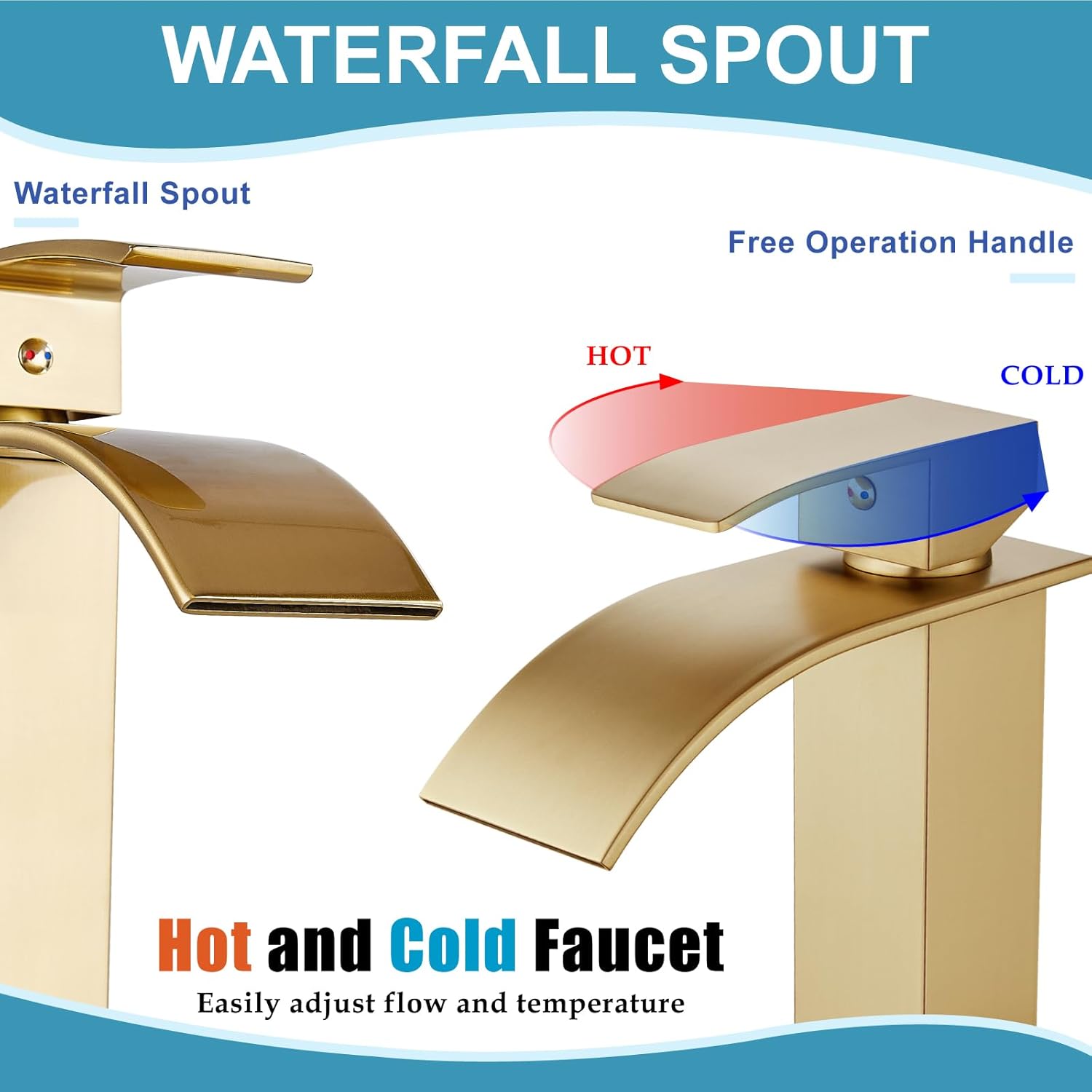 Midanya Waterfall Spout Bathroom Faucet Single Handle 1 Hole Bathroom Sink Faucet,Modern RV Lavatory Vanity Basin Tap with Water Hose,No Drain,Tall Body,Brushed Gold
