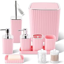 XLHOMO Pink Bathroom Accessories Set - Gorgeous Bathroom Set, 10PC Bathroom Accessory Set, Toilet Brush, Trash Can, Qtip Holder & Soap Dispenser