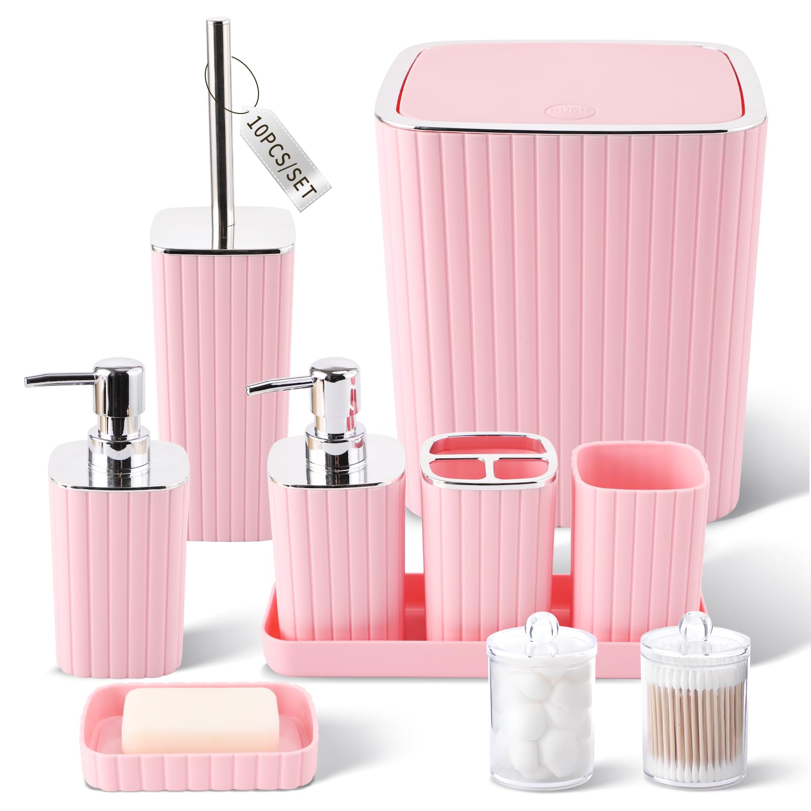 XLHOMO Pink Bathroom Accessories Set - Gorgeous Bathroom Set, 10PC Bathroom Accessory Set, Toilet Brush, Trash Can, Qtip Holder Dispenser & Soap Dispenser