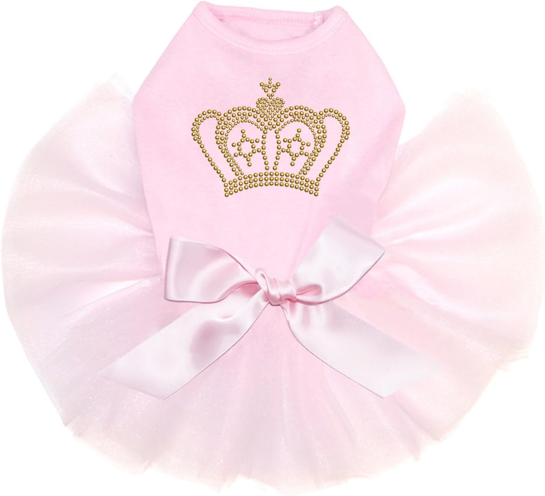 Crown #10 - Gold Rhinestuds - Bling Rhinestone Dog Tutu Dress, S Pink
