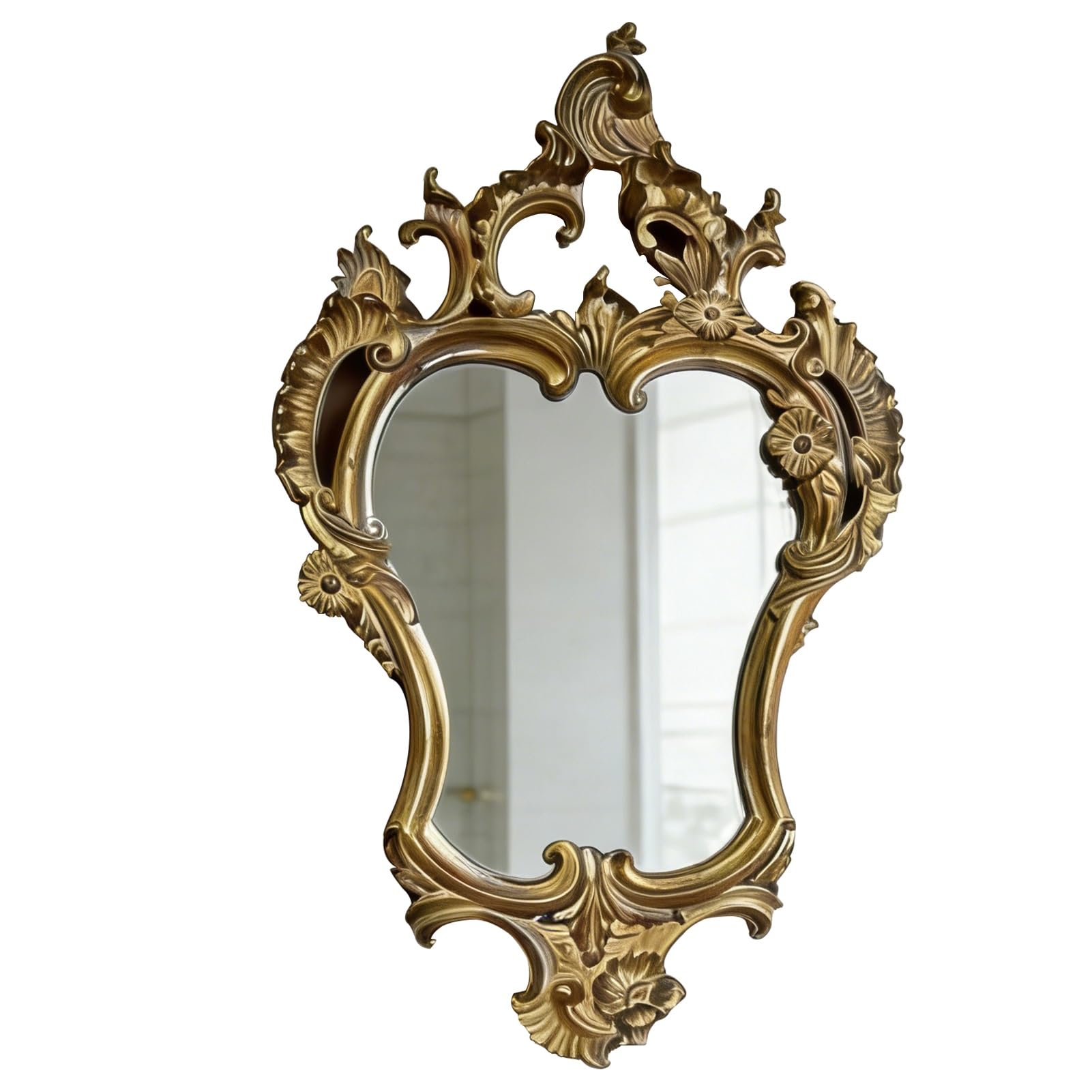 Espejo de baño vintage, espejo barroco dorado antiguo montado en la pared para sala de estar, baño, dormitorio o pasillo