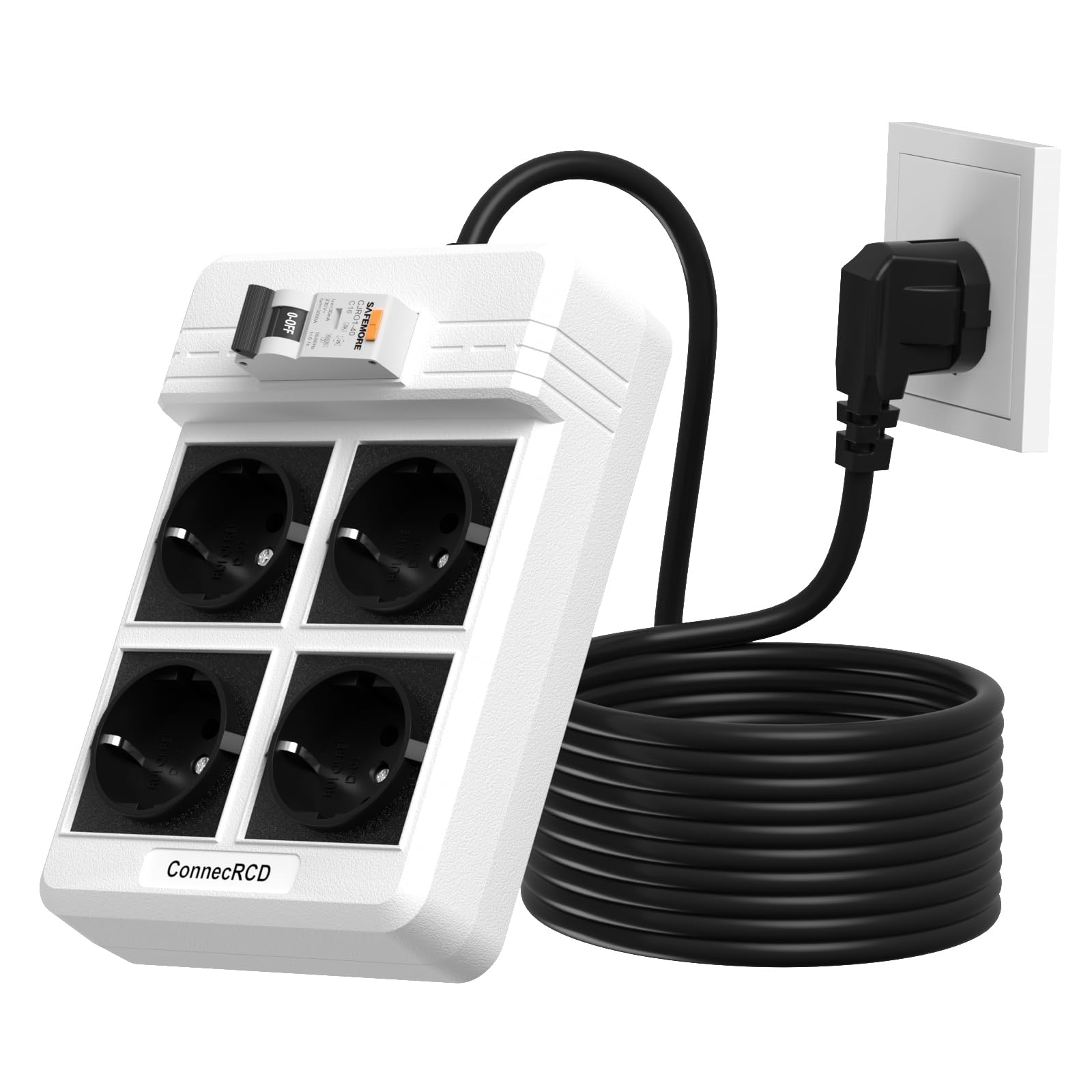 Presa con interruttore di protezione FI, ciabatta RCD con 4 prese (16 A, 4000 W), con cavo di prolunga da 3 m e interruttore di protezione RCBO da 30 mA per casa/interni, colore bianco