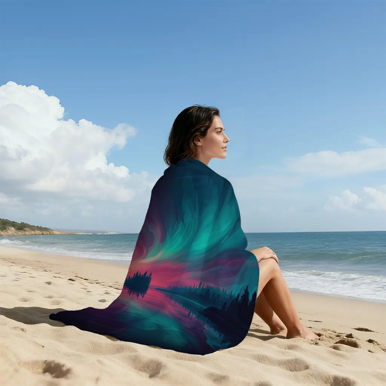 Générique Serviette de Plage Microfibre 230 x 210 CM,Drap de Plage Ciel Étoilé, Magique, Naturel, Paysage, Couverture de Plage Absorbante,Couverture de Bain Aurore Vibrante, Ciel Nocturne