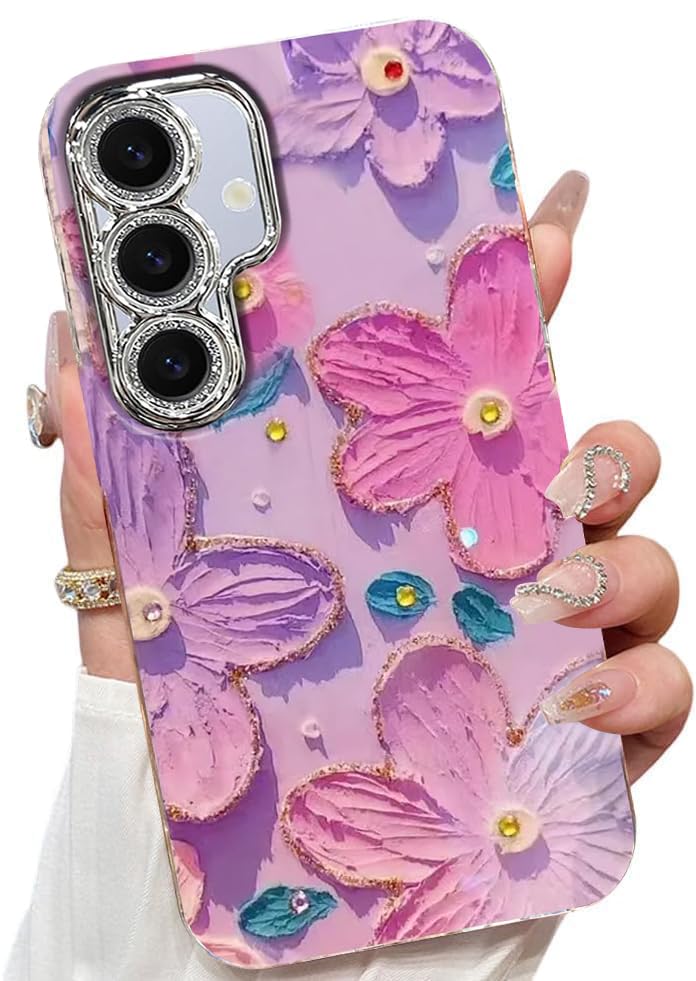 Elzzi Compatible with Samsung S23 5G Case Laser Flower Oil Painting Cute Colorful Blue Ray Bumper with Full Camera Protection Shockproof PC+TPU Glossy Shiny Cover for Girls Women, Green