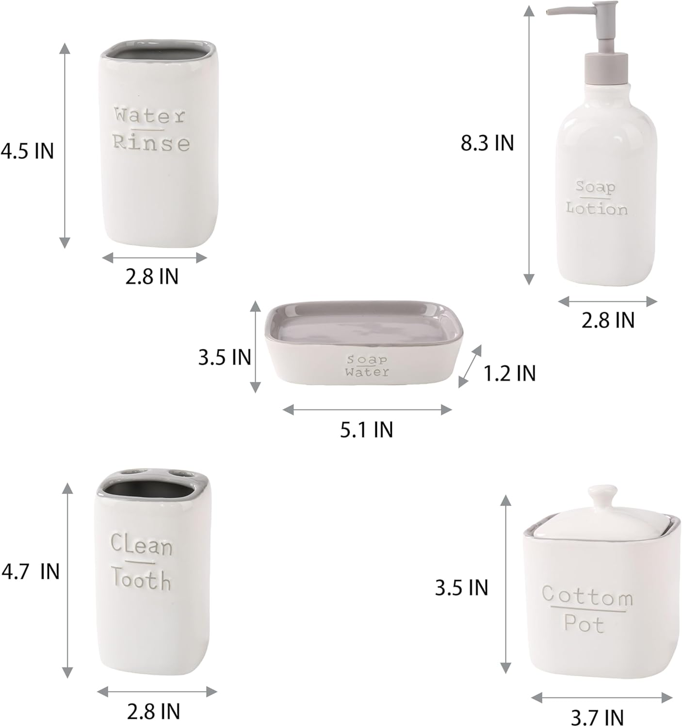 Bathroom Counter Set Relief Letters Design Toothbrush Holders Set with Soap Dispenser - Complete Bathroom Counter Set ，5pcs Ceramics Bathroom Accessory Set（Gray & White）