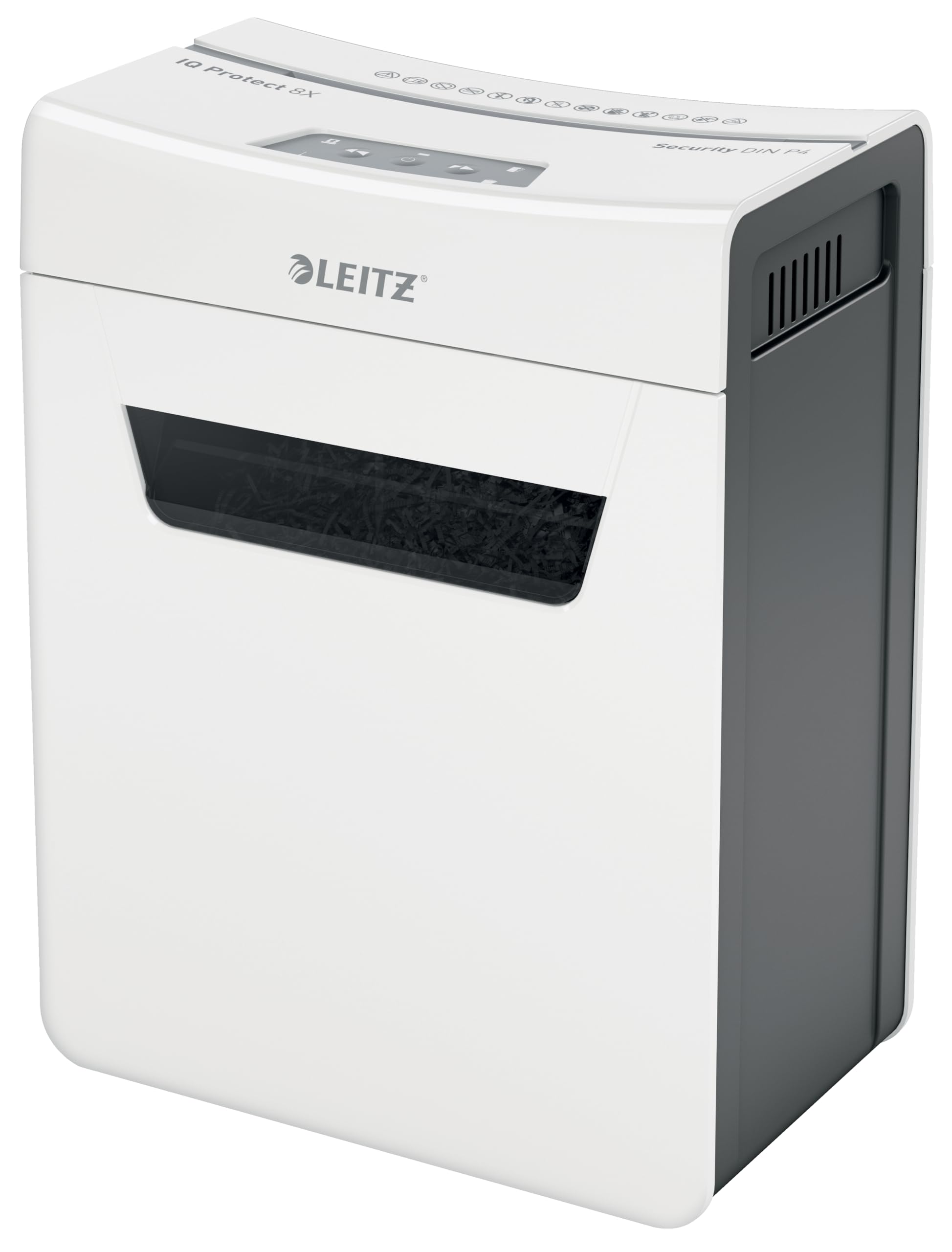 Leitz IQ 8X Premium P4, Niszczarka Do Papieru z Koszem 14 L, Tnie na Konfetti, Niszczy Jednorazowo 9-8 Arkuszy (70-80 g/m²), Cicha i Kompaktowa, Seria Protect, Biała, 80910000