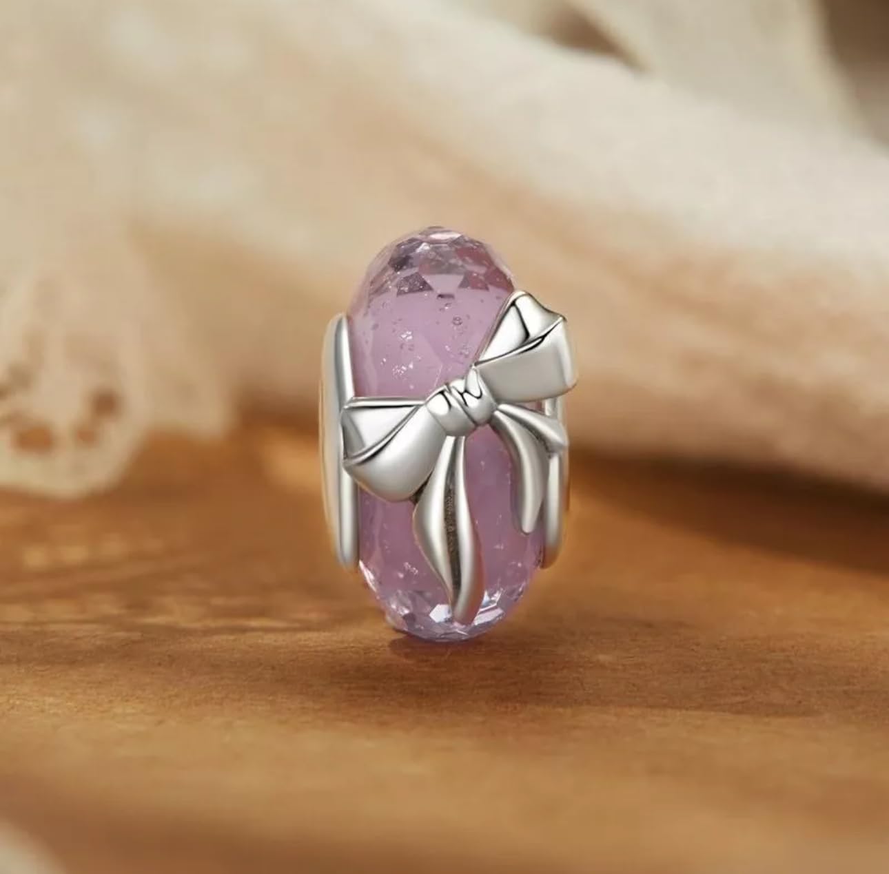 FLXHHX Perlina con Ciondolo in Vetro di con Fiocco Rosa, Autentico Argento Sterling 925, Compatibile con Il Braccialetto