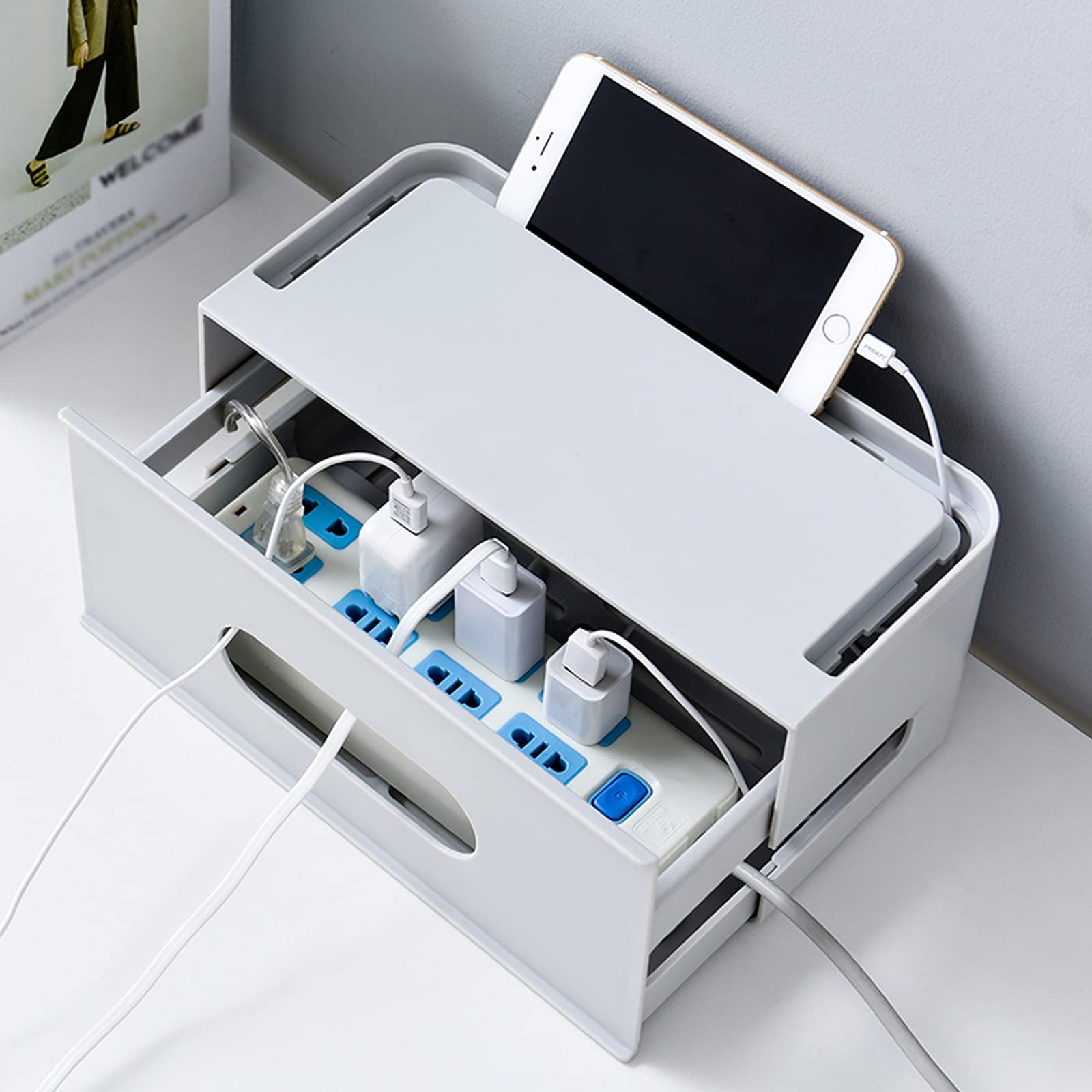 Kabelmanagement-Box Abnehmbare Kabelmanagement-Boxen Organizer Haushaltskabel Netzstecker Aufbewahrungsbox Kabel-Organizer-Box mit Telefonständer, Weiß/Grau Kabelaufbewahrungsbox (Color : Grey)