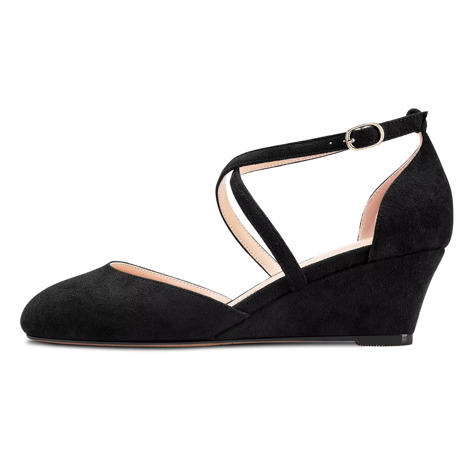 HDEUOLM Mujer Medio cuña Esparto Cerrado el Dedo del pie Redonda Punta Sandalias Correa Tobillo Correa Cruzada Cierre con Hebilla Pumps de Boda Oficina 5 CM Heels Zapatos