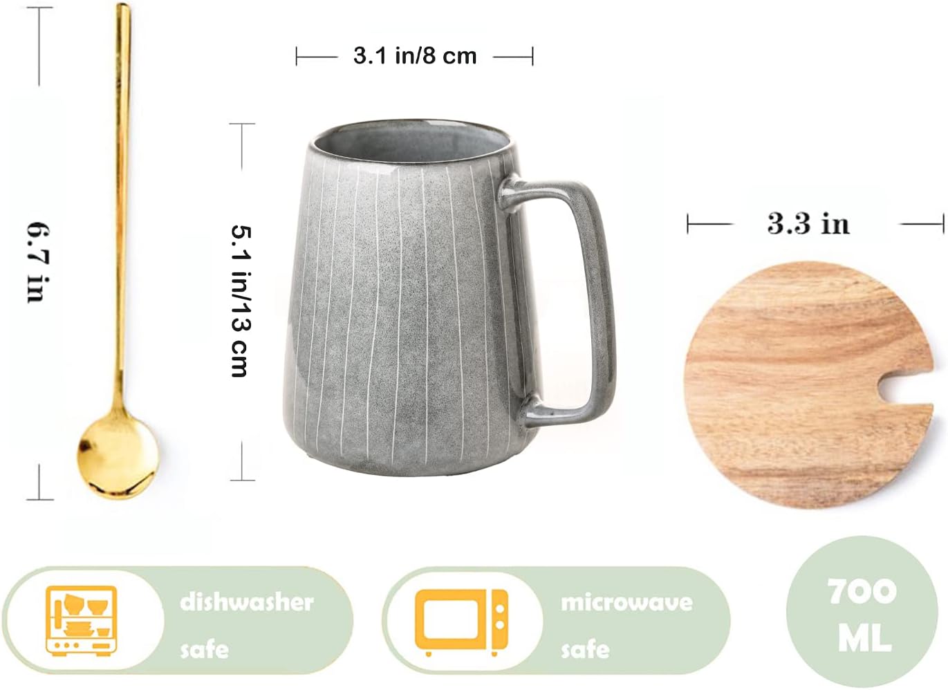 Large Ceramics Coffee Mugs,with Spoon and Wooden Lid,for Coffee,Tea,Cocoa,Large Handle Design,Microwave Dishwasher Safe (Gray Set)