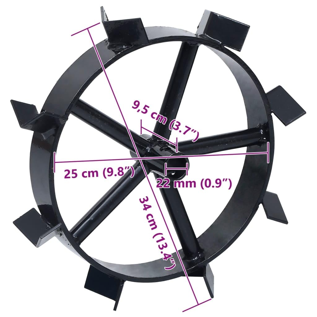 Ruote in metallo per decespugliatore a benzina da 6,5 CV, diametro 34 cm, 2 pezzi, in metallo nero, per decespugliatore, coltivatore, decespugliatore, ideale per scavare, allentare e diserbare