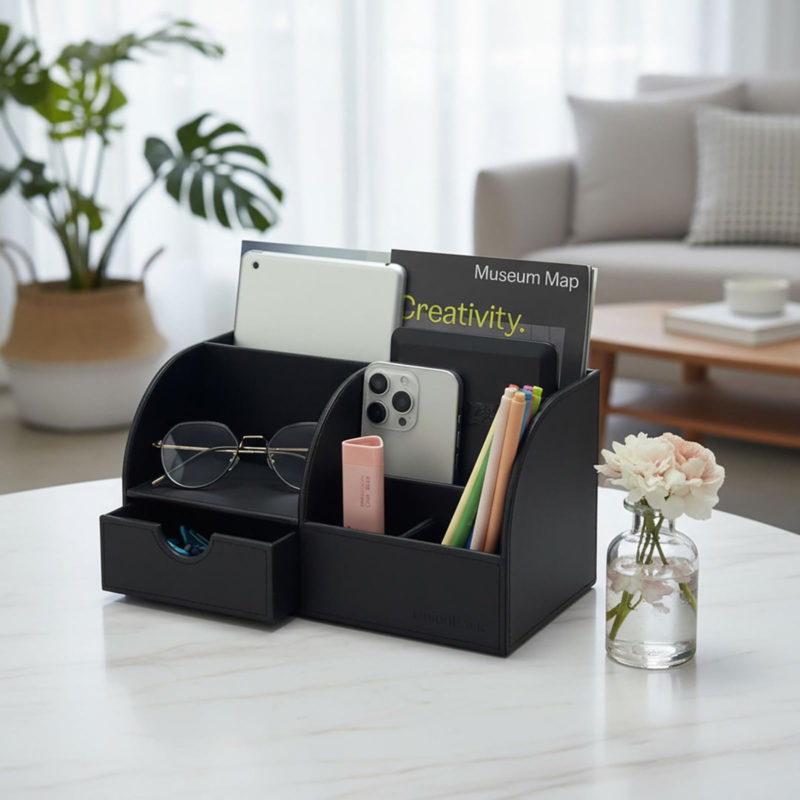 UnionBasic Organizer da scrivania, multifunzione, in pelle, portapenne, porta biglietti da visita, penne, matite, telefono cellulare, cancelleria, nero