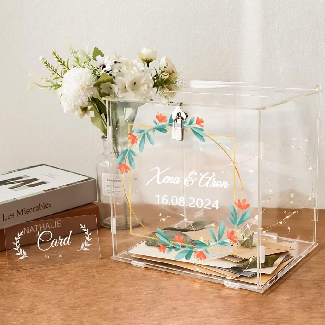 Grande Acrilico Scatola di Carta di Nozze Scatola - Scatola Porta Buste Matrimonio con Serratura e Slot Scatola, per Ricevimento, Anniversario, Festa del Bambino, Salvadanaio Trasparente