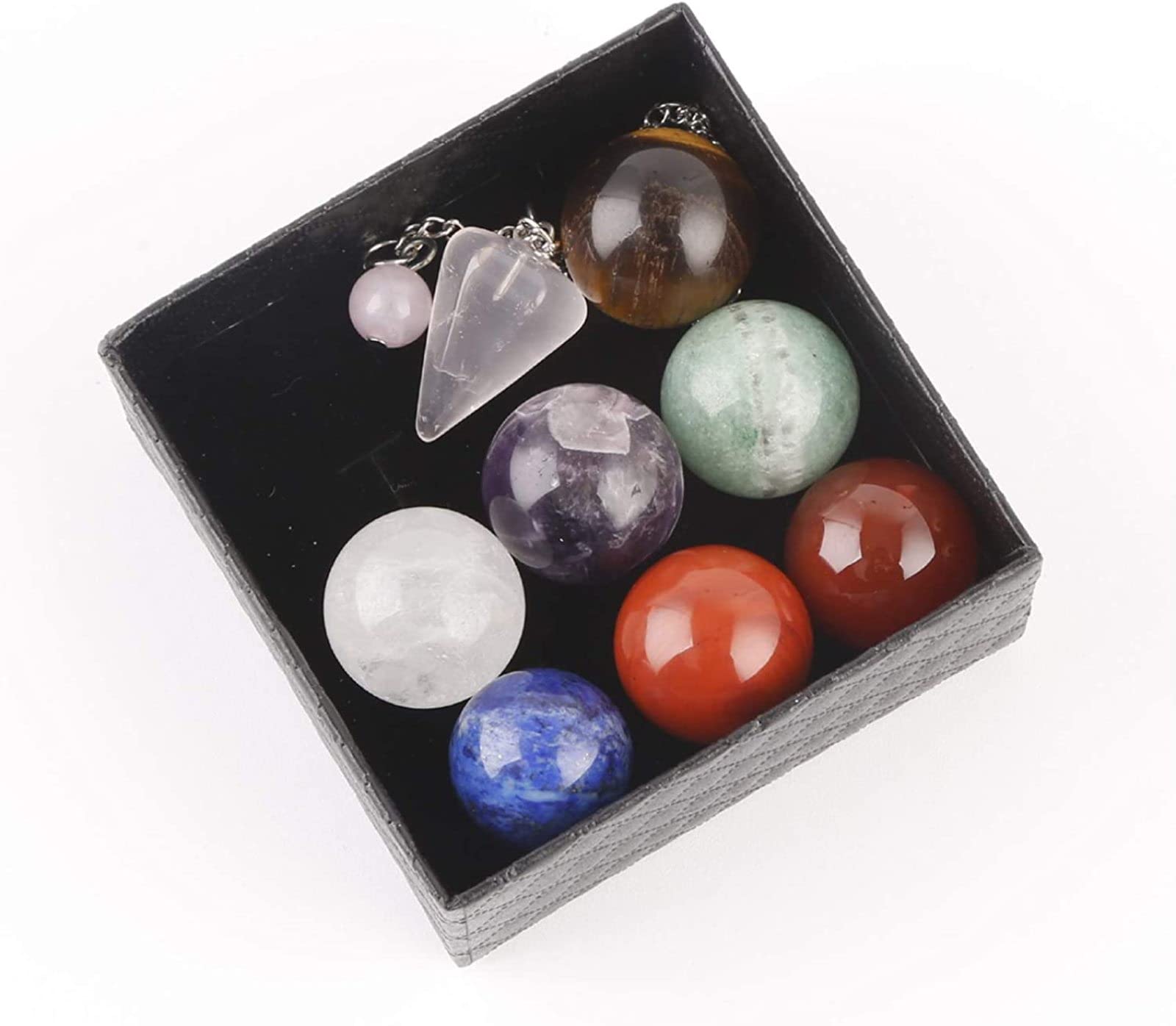 Juego de esferas de Bolas de Cristal de curación Natural - Esferas de Cristal de 7 Chakras y Péndulo de Cuarzo Rosa - Piedras de Chakra caídas para Reiki, Sanación Energética, Meditación
