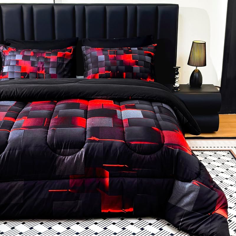 3D Abstract Geometric Comforter Set,Red Black Neon Light Honeycomb Boys Bedding Set Queen Size,Modern Geometry Bedding Decor,Microfiber Lightweight